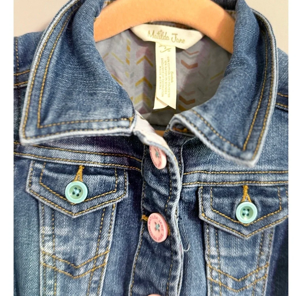 Matilda Jane Kids Girls‎ Denim Vest Ruffle Hem Pink Buttons Teal Pockets Size 2